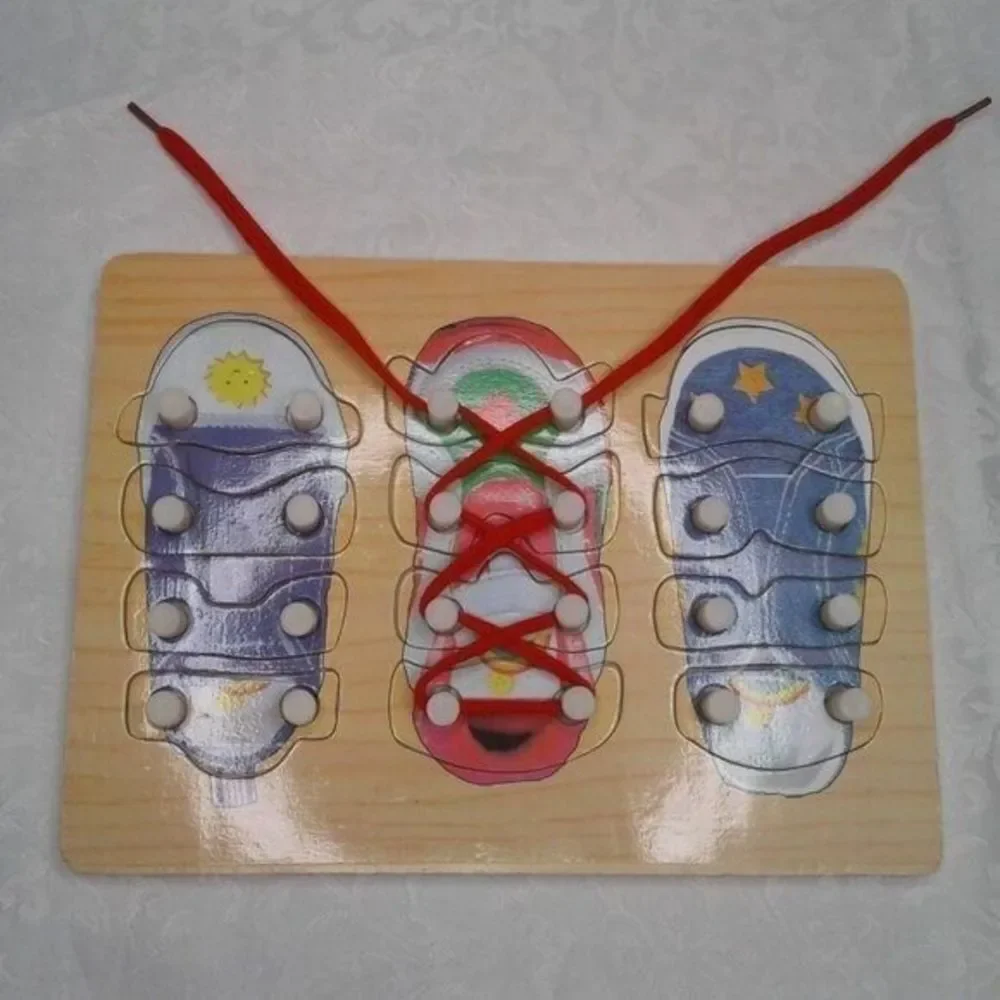 Wooden Shoe Tie Lacing Threading Board Matching Puzzle Educational Preschool Toy